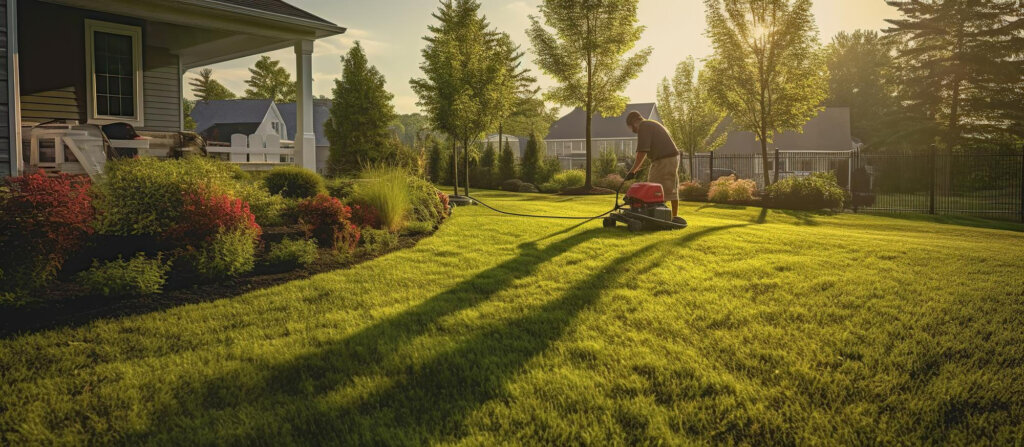 Photorealistic 3D render of a manicured lawn and landscape design with a craftsman working in the yard, image by GENENSE