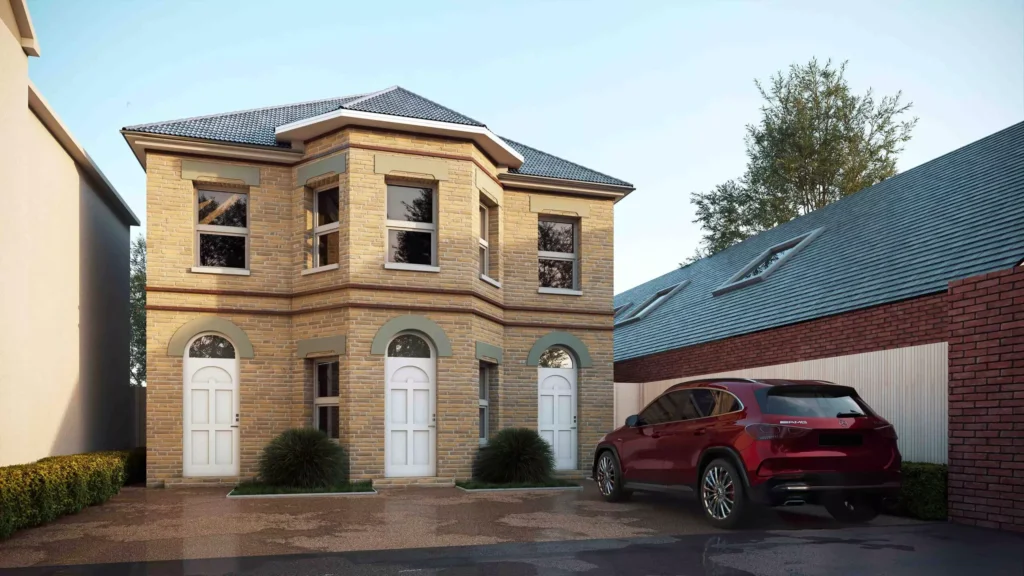 Photorealistic exterior architectural rendering of a two-storey residential townhouse with brick facade, driveway, and parked car