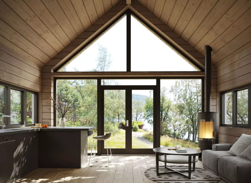 Modern cabin interior with natural daylight and large panoramic windows