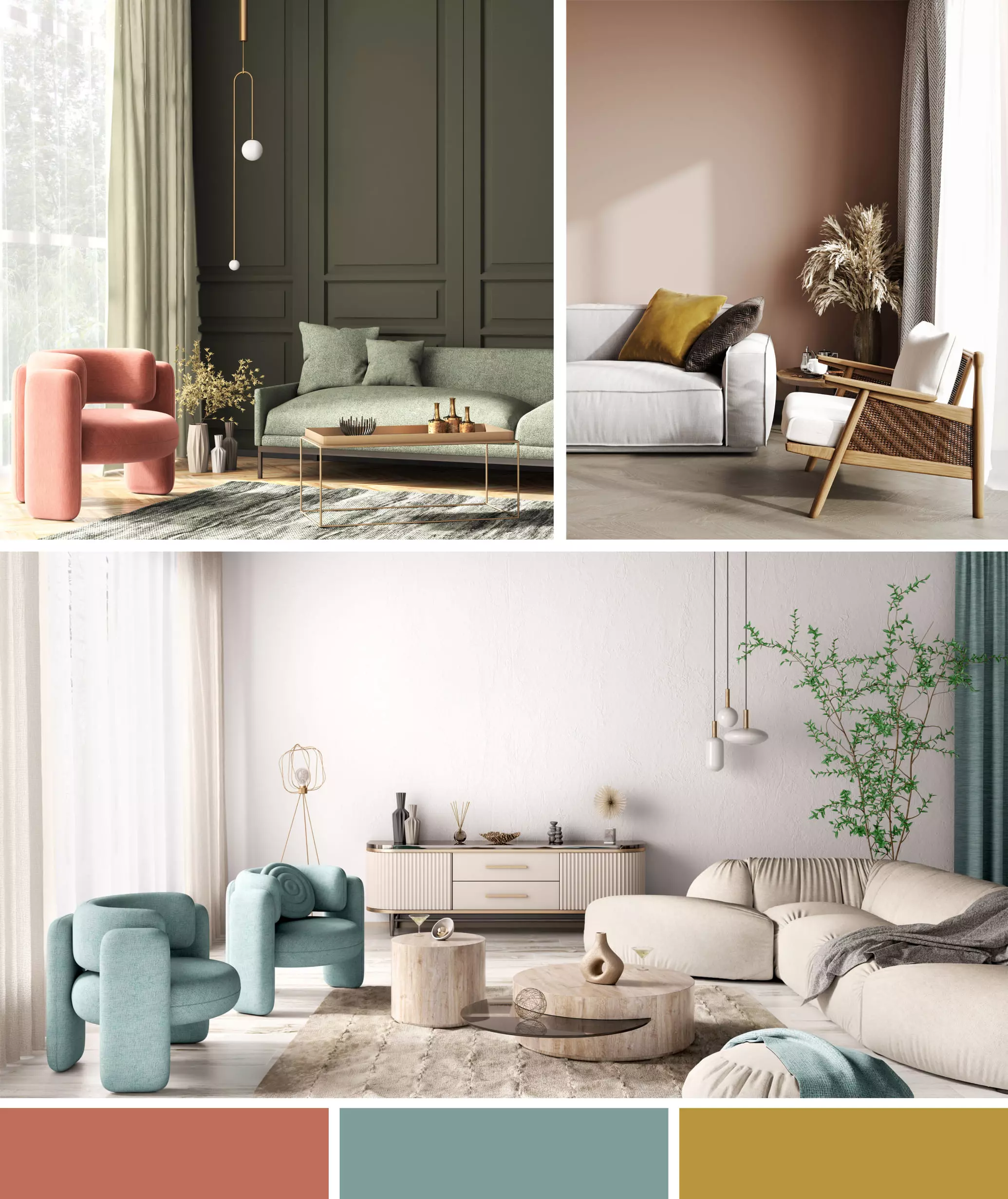 interior colors deep teal, mustard yellow, coral