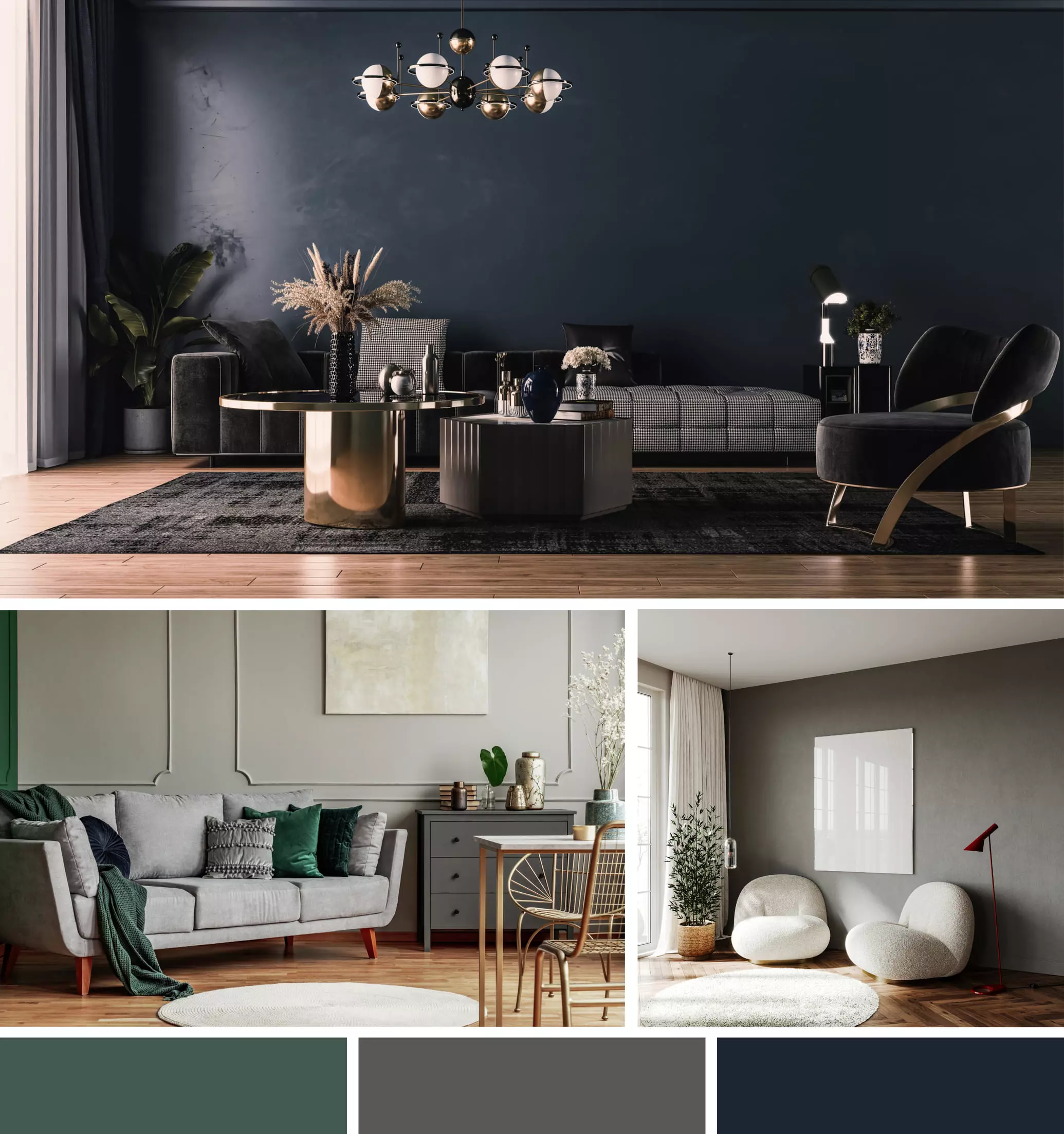 interior design colors navy blue, charcoal grey, forest green
