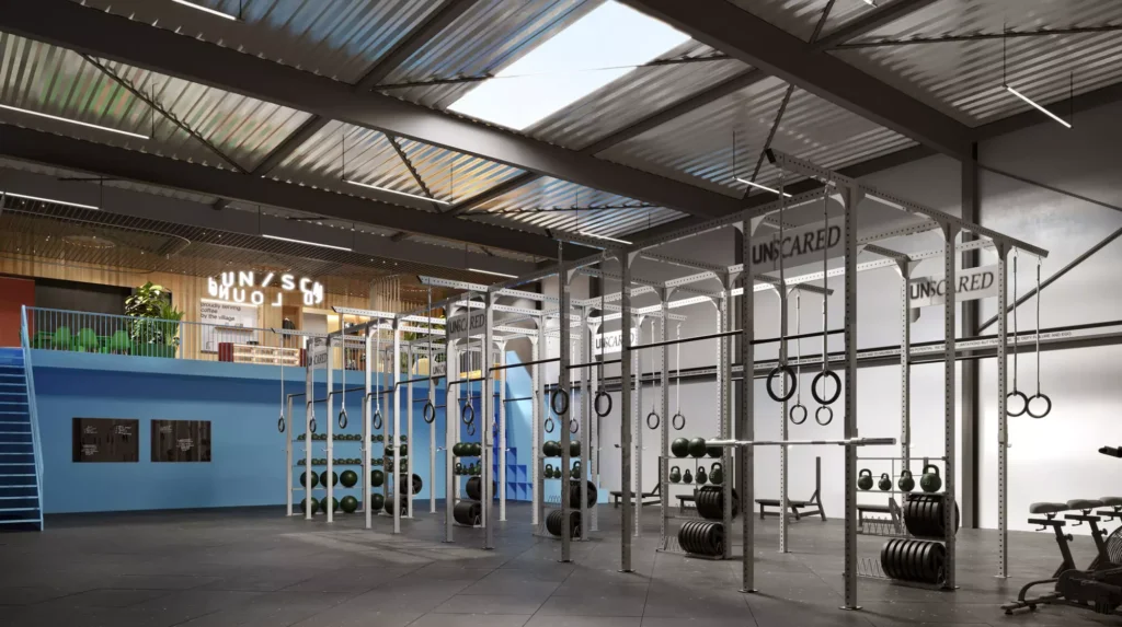 3D visualization of the interior of a spacious training hall with sports equipment, with a panoramic skylight, image by GENENSE