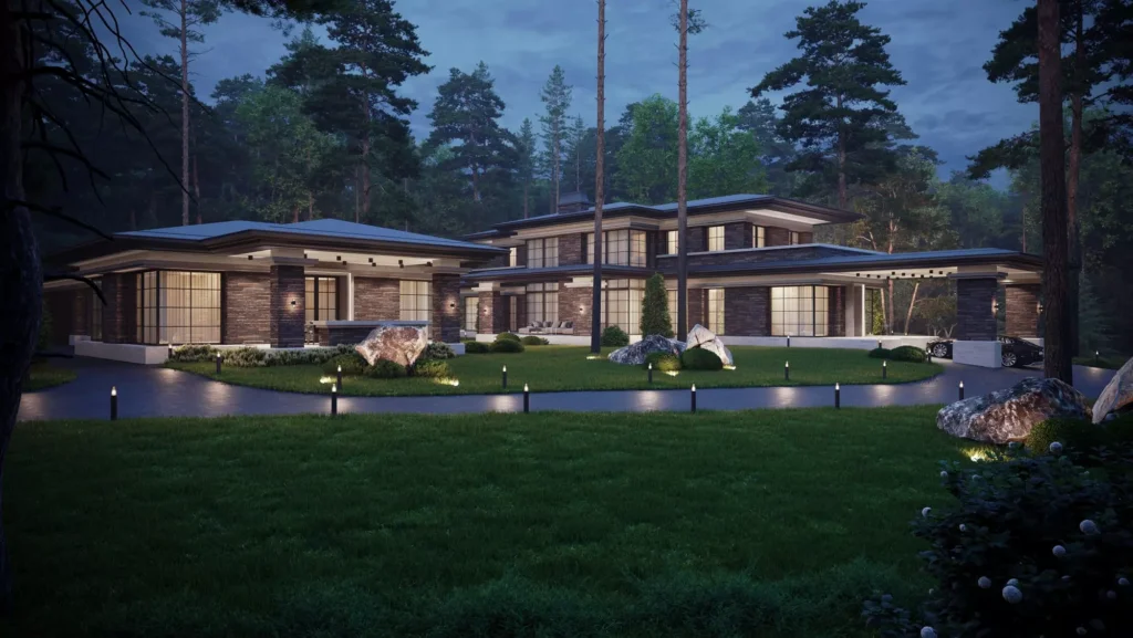 Photorealistic 3D render of a country house with landscape design, evening lighting and dense forest around, image by GENENSE