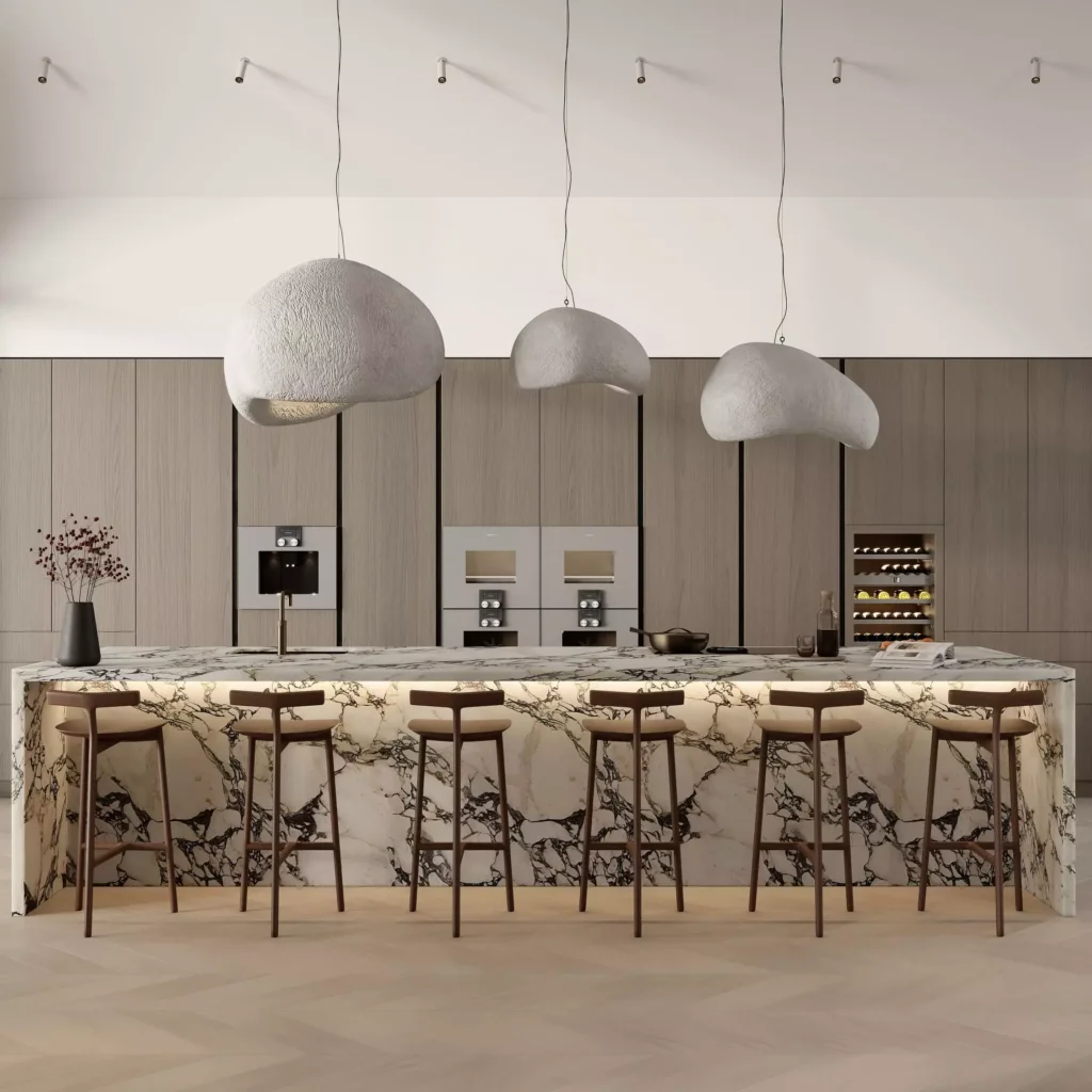 3D kitchen interior rendering with marble island and wood finishes - Marble & Wood Kitchen by HABIT Creative Studio, image by GENENSE