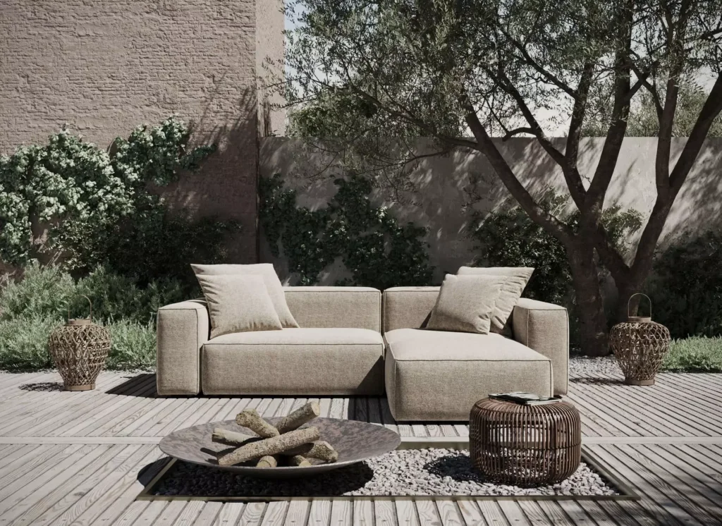 Photorealistic 3D render of a terrace seating area with a soft sofa, outdoor decor and trees, image by GENENSE