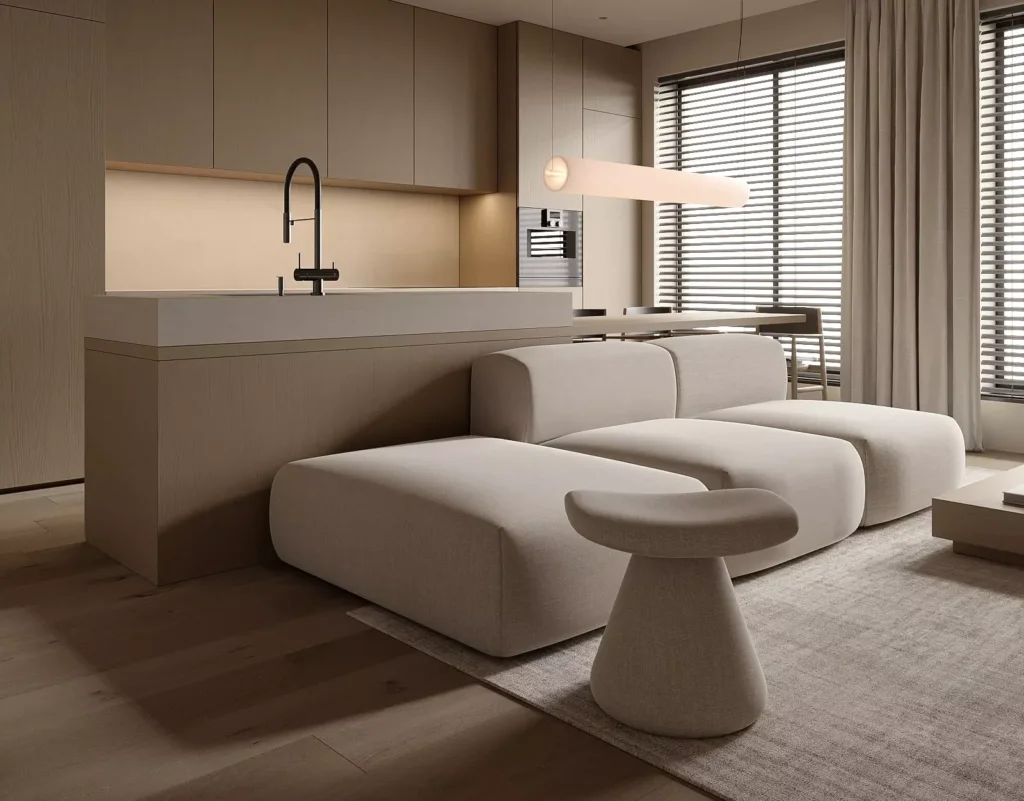 Modern interior kitchen and lounge rendering