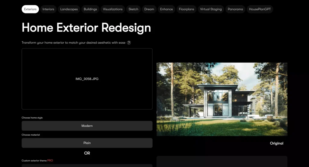 Screenshot of the Home Exterior Redesign tool with a generated image of a house, image by GENENSE