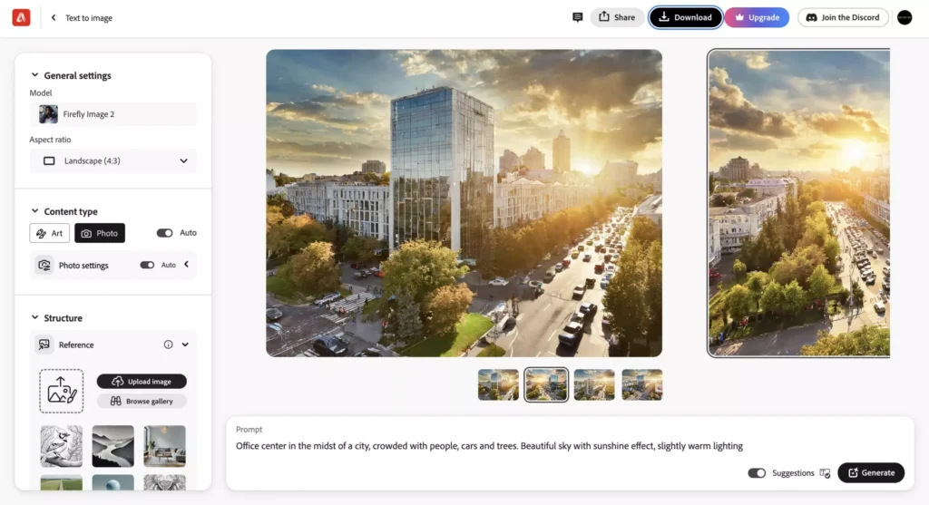 Screenshot of Adobe Firefly Text to Image tool with generated photos of a city office center, image by GENENSE