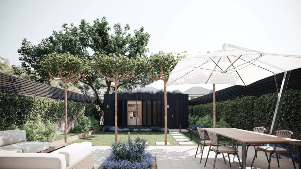 Photorealistic 3D render of a modern courtyard with a terrace, greenery and a garden studio, image by GENENSE