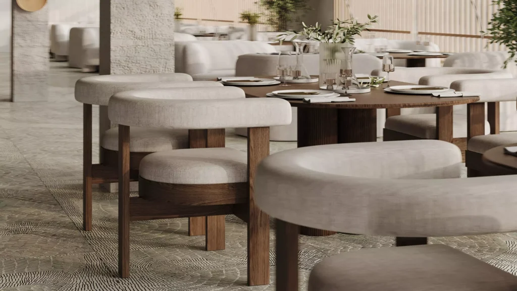 3D visualization of upholstered chairs and wooden tables, served with dishes and decor in a restaurant, image by GENENSE