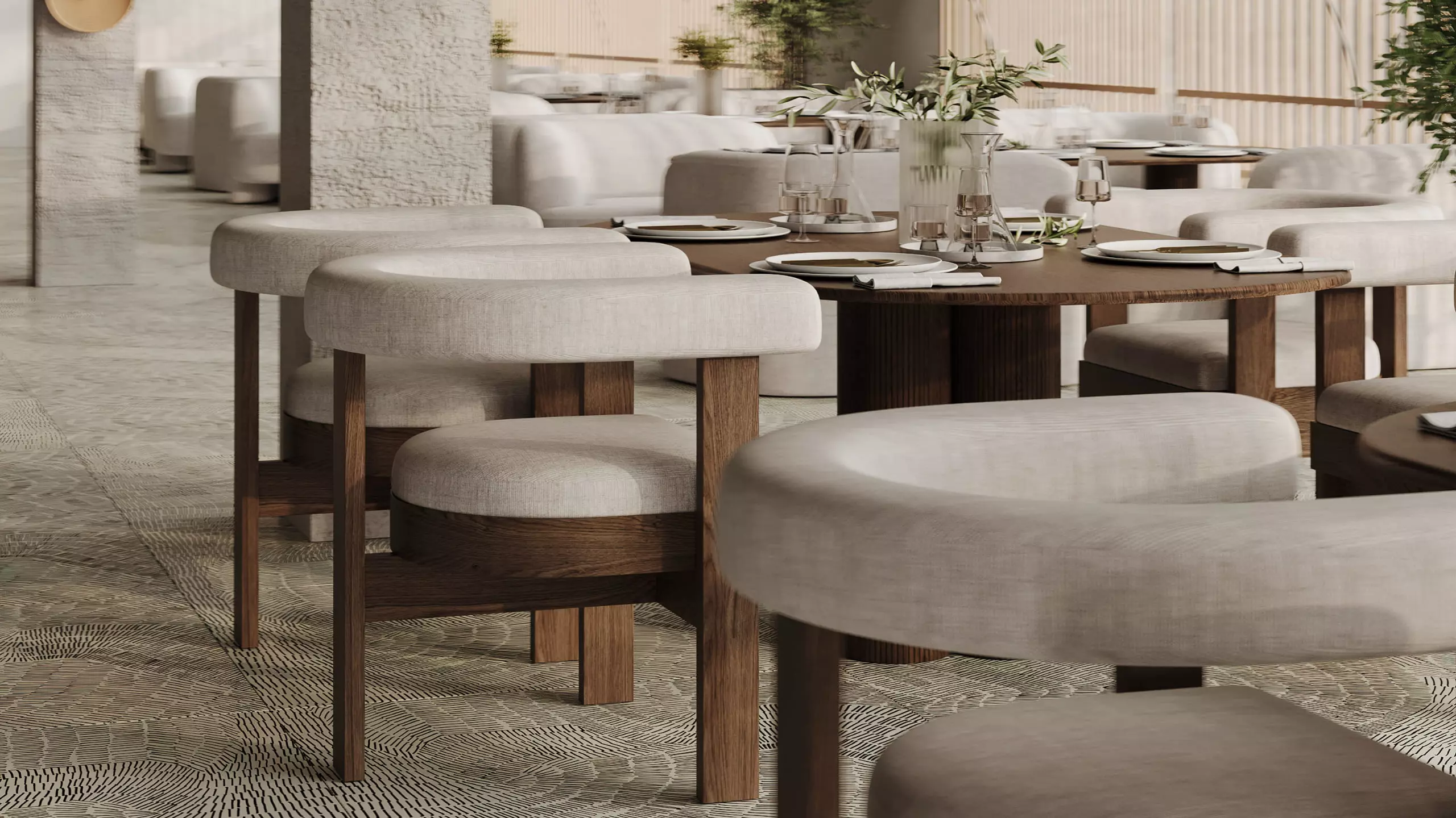 3D visualization of upholstered chairs and wooden tables, served with dishes and decor in a restaurant, image by GENENSE