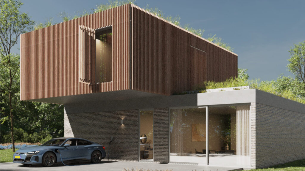 3D model of a two-story house with wooden facade panels and a glass storefront, in front of which a car is parked, image by GENENSE