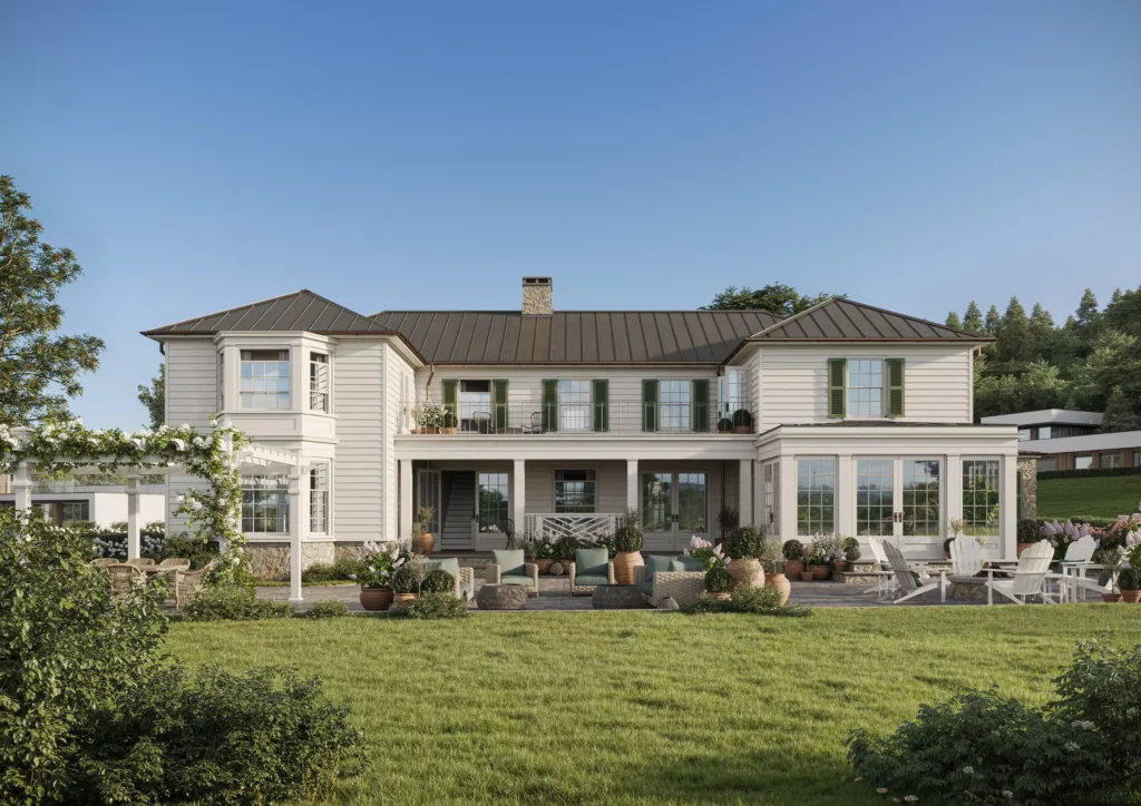 Photorealistic 3D render of a two-story house in a classic style with a green area, image by GENENSE