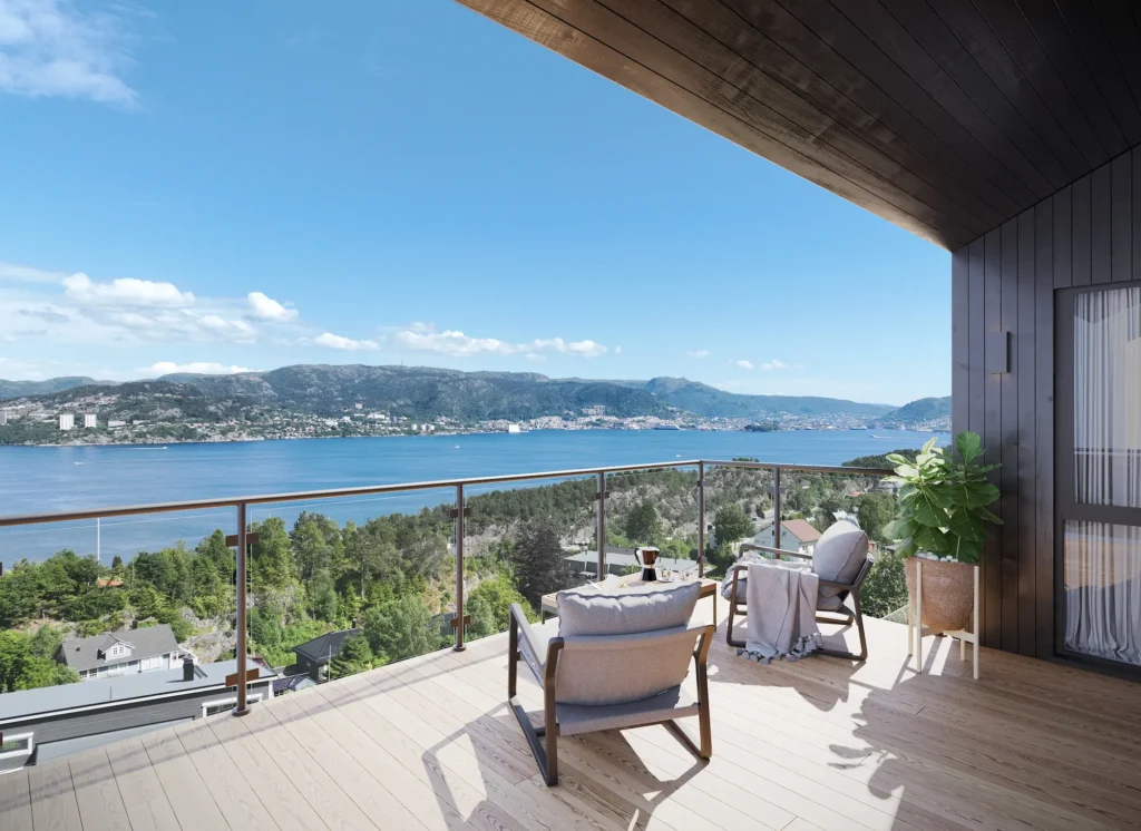 3D terrace rendering with panoramic water views, luxury residential visualisation by GENENSE