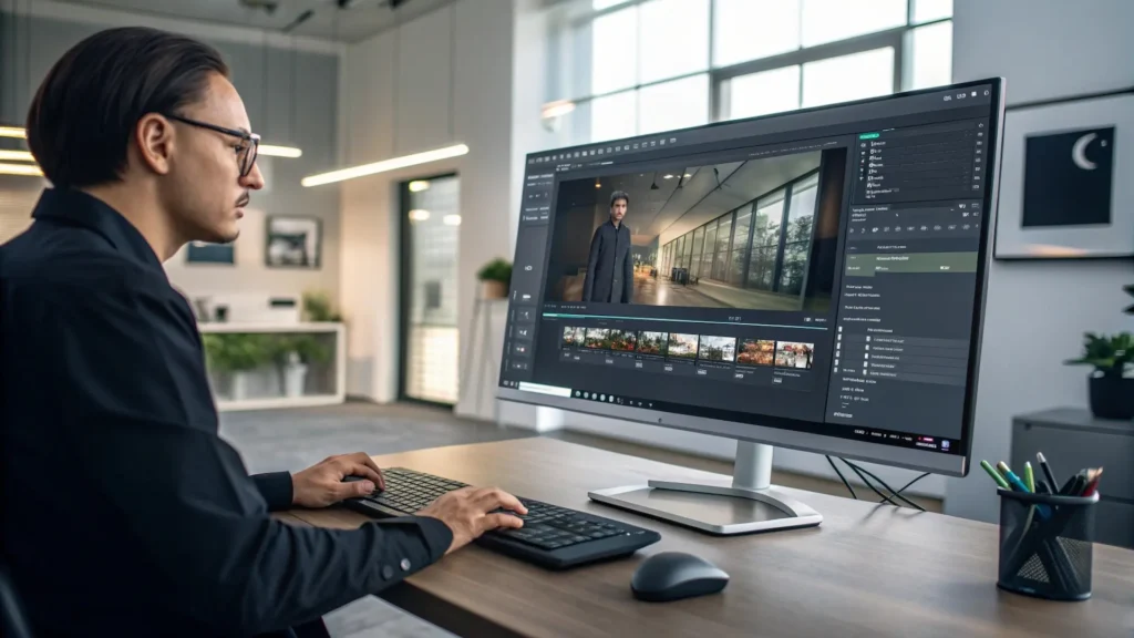 Man editing video in AI tool on large monitor, image by GENENSE