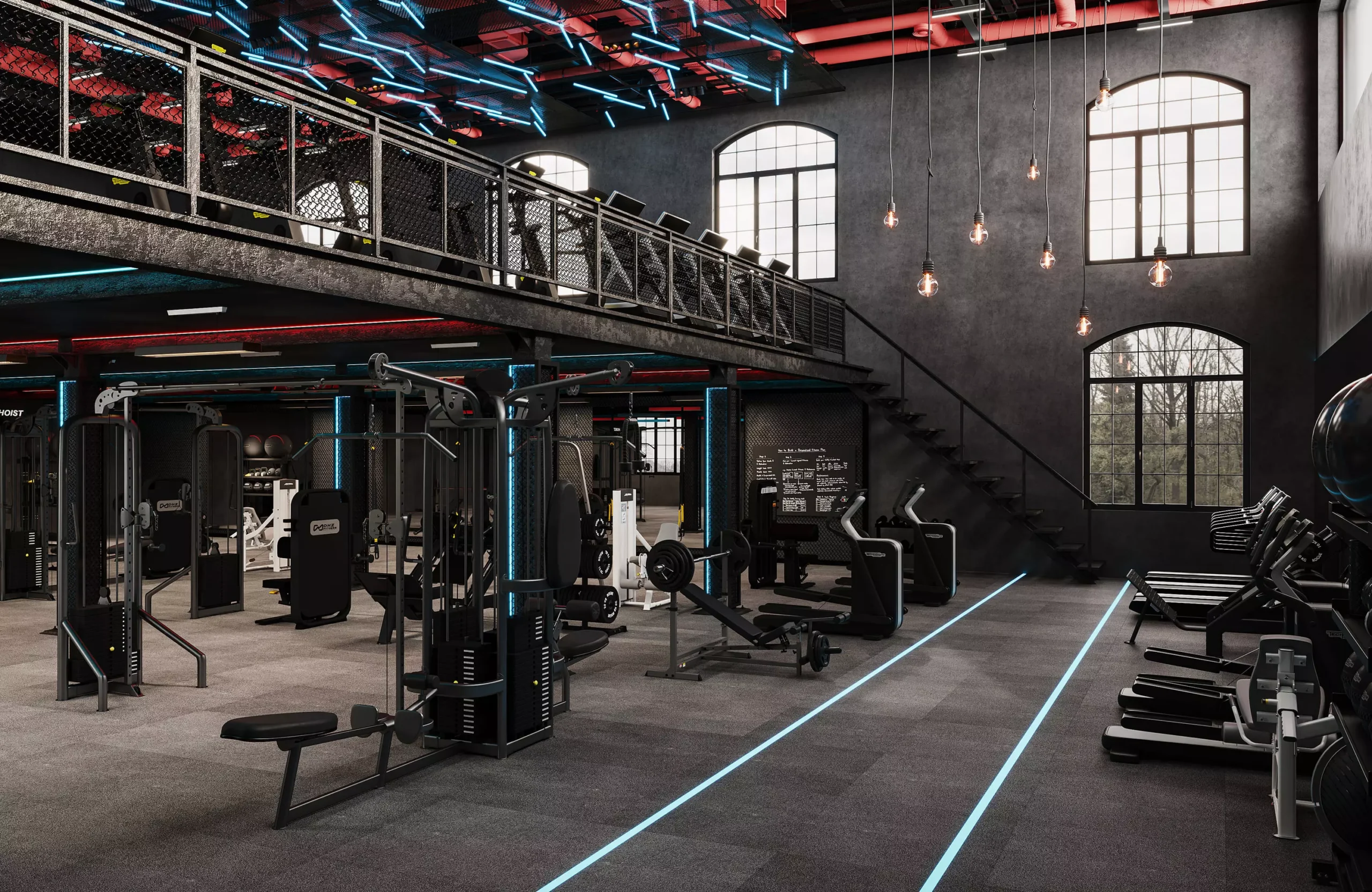 Commercial gym 3D rendering