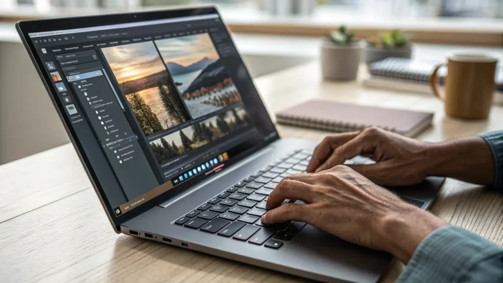 A man works at a computer creating visual content using AI, image by GENENSE