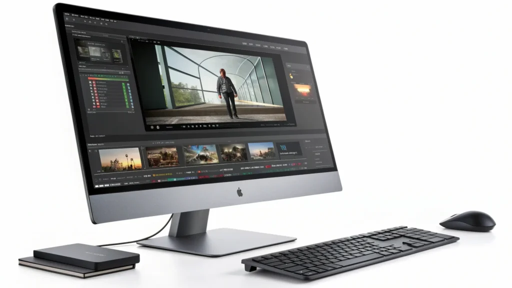 A computer with an open AI video editor where frames and timeline are adjusted, image by GENENSE
