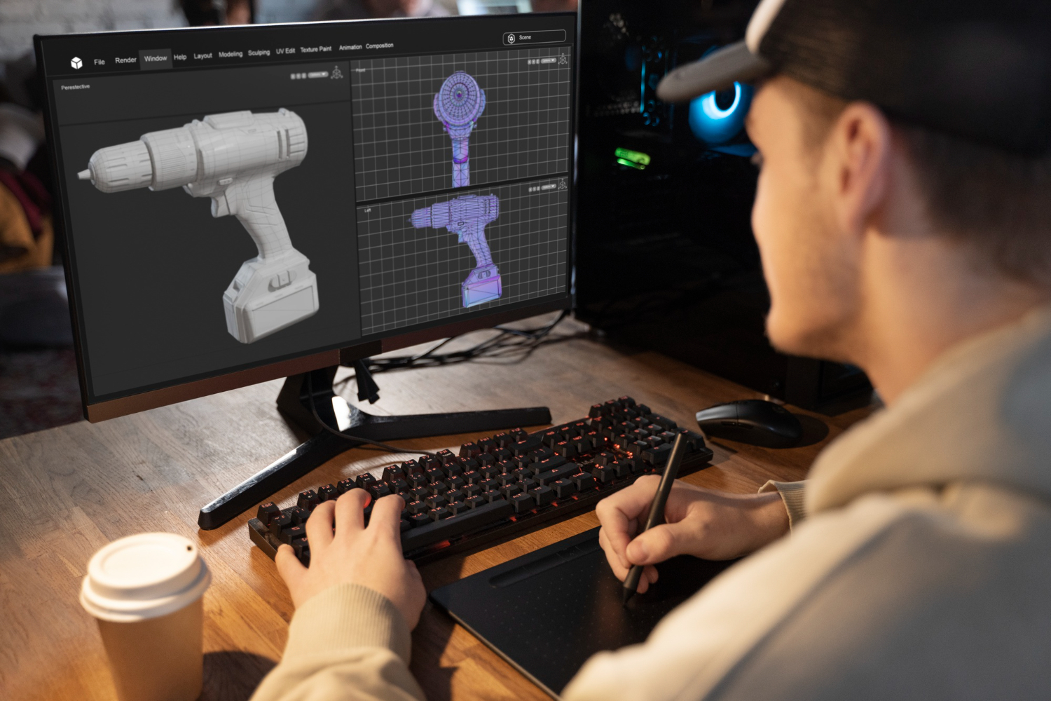 Designer creating a 3D product model and wireframe on screen