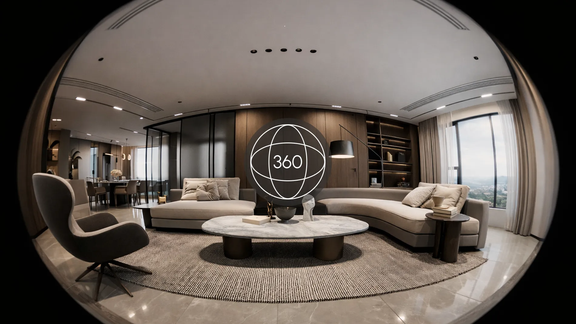 360° interior architectural walkthrough of a modern living room