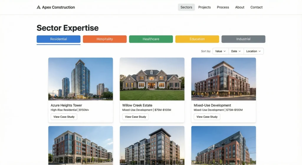 Construction portfolio page with sector filters and residential project cards