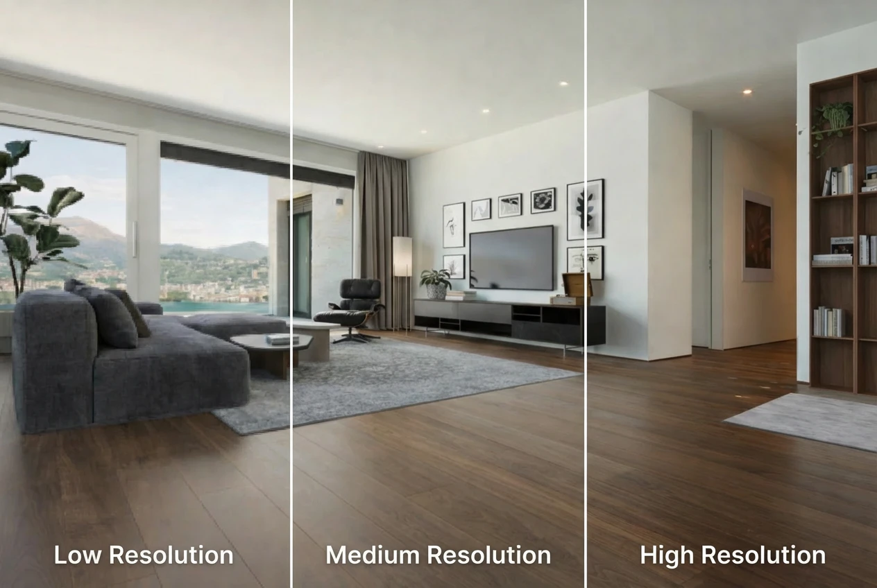 3D render resolution comparison: low, medium, and high