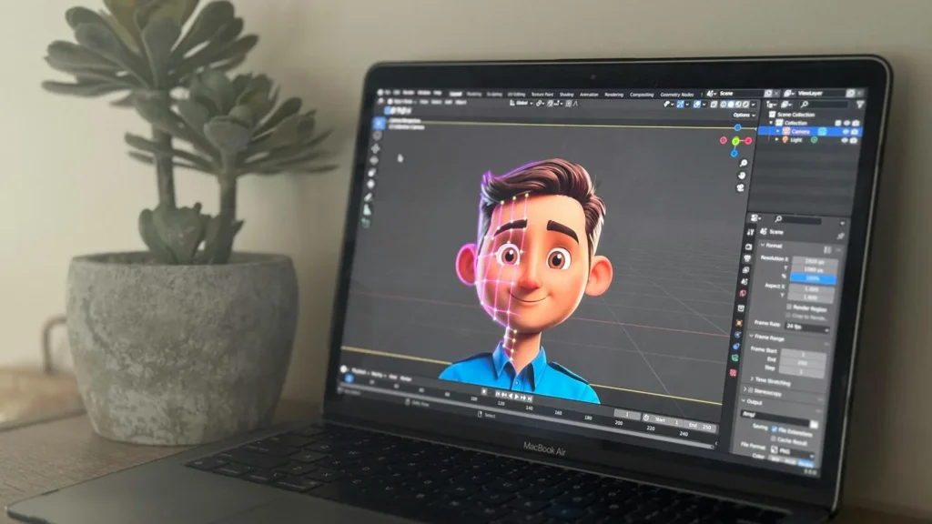 Laptop showing Blender 3D character animation and rendering
