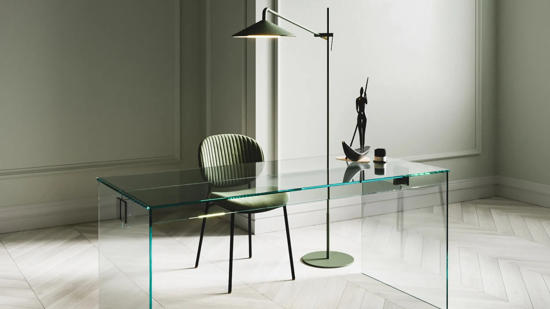 Minimalist workspace with glass desk and modern lighting