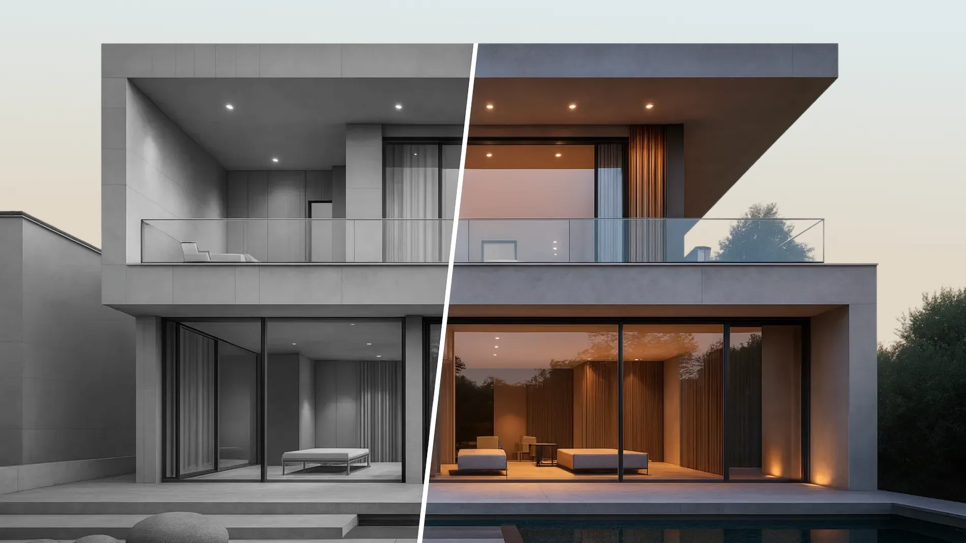 Side-by-side comparison showing unrendered 3D model versus photorealistic