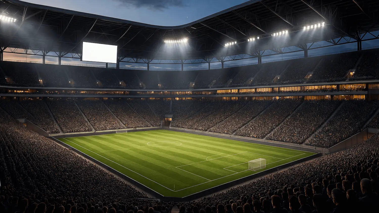 3D render of a modern football stadium interior with floodlights, full seating bowl, and illuminated pitch at night