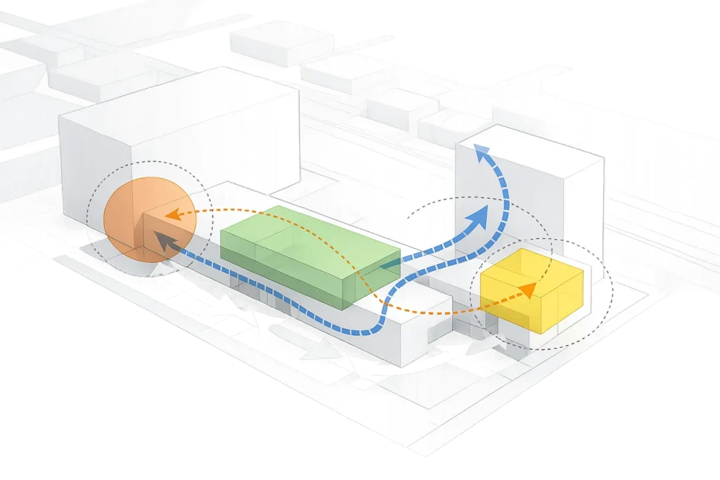 Massing diagram with circulation arrows showing site volumes and flow