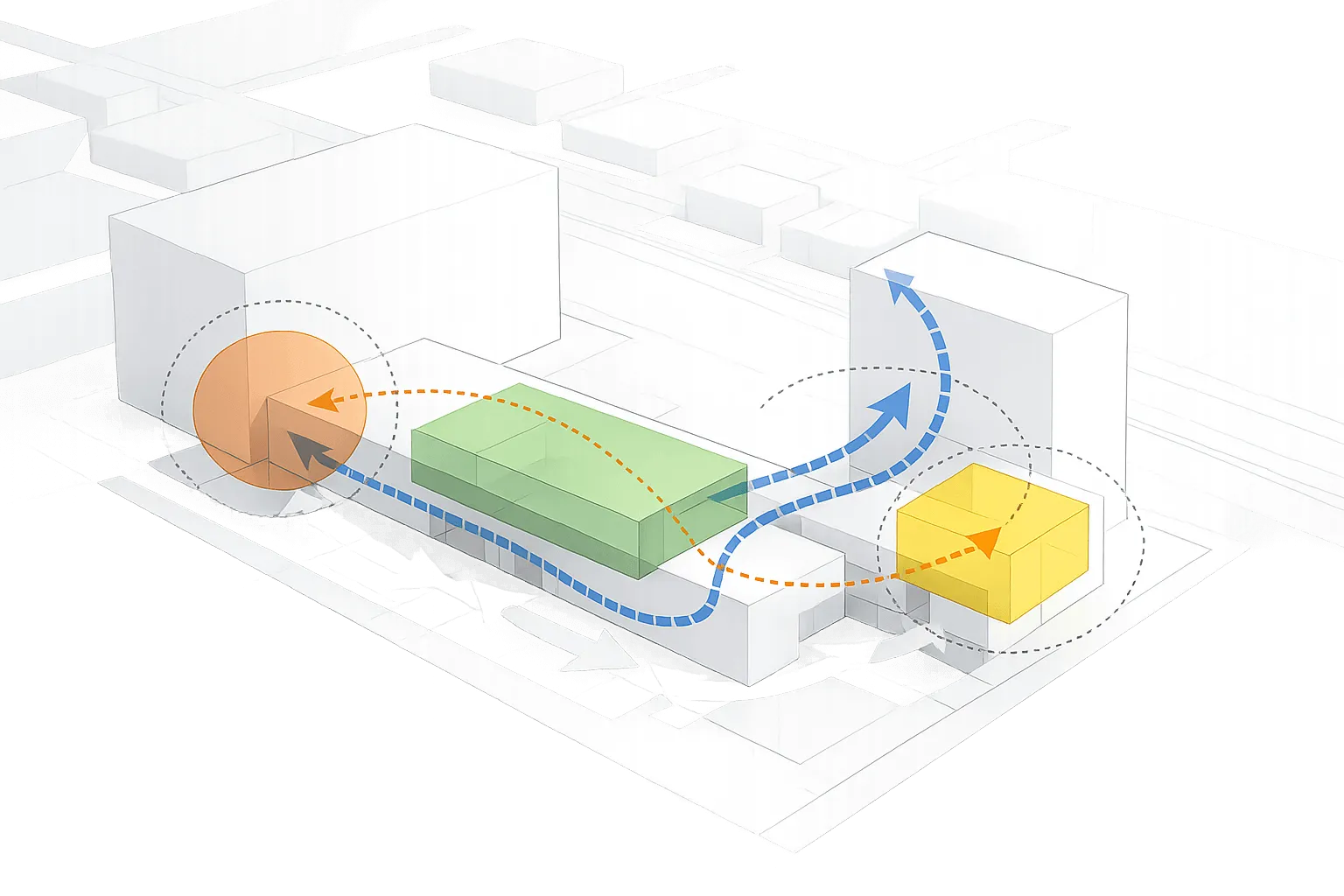 Massing diagram with circulation arrows showing site volumes and flow