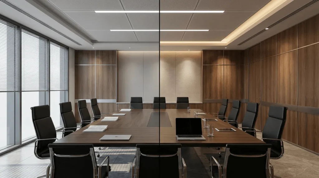 Boardroom lighting design comparison showing two office conference room lighting layouts
