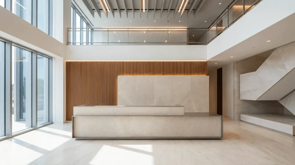 Corporate headquarters reception lobby with large front desk, wood slat wall, and natural daylight