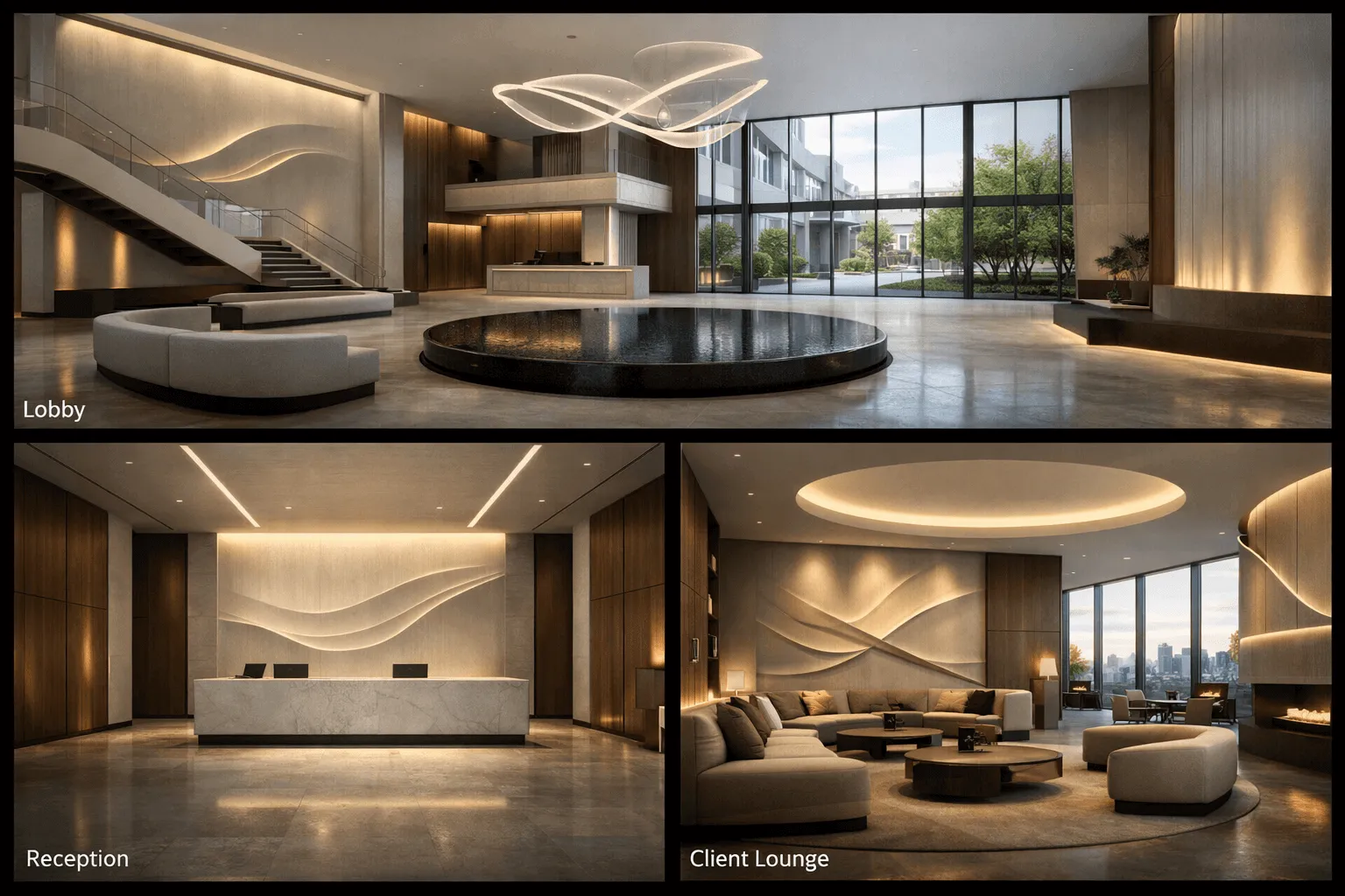 Corporate lobby renders showing reception desk, main lobby seating, and client lounge interiors