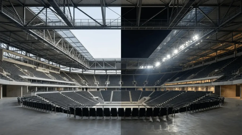 Day vs night stadium interior comparison showing seating bowl under natural daylight and under event floodlighting
