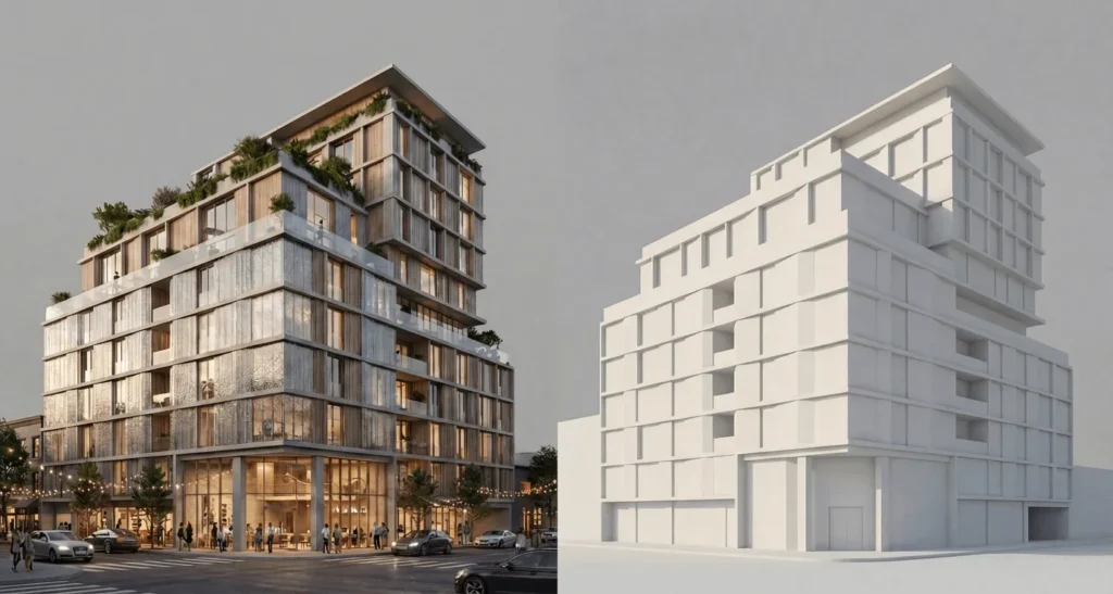Photoreal render vs massing model of a mid-rise building design