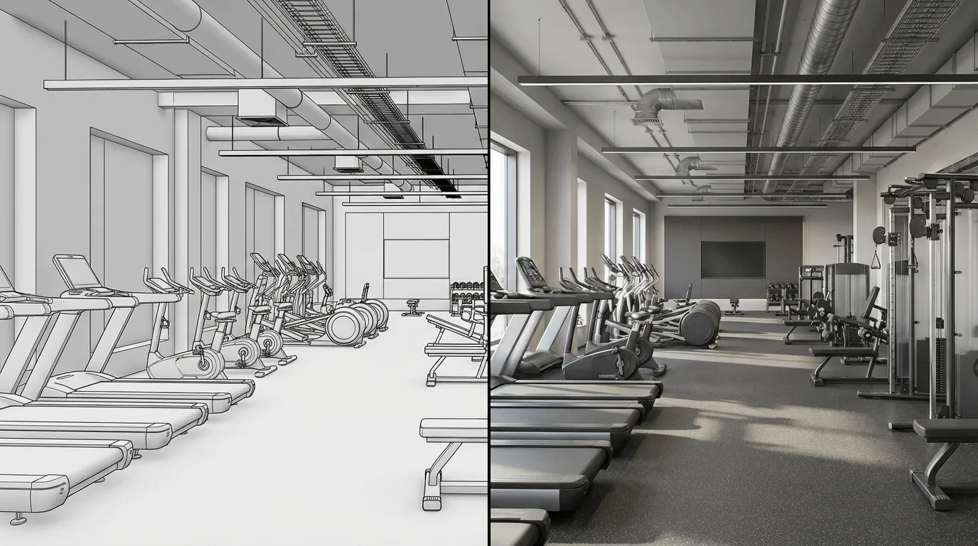 Gym CAD to CGI comparison showing equipment layout from line drawing to realistic render