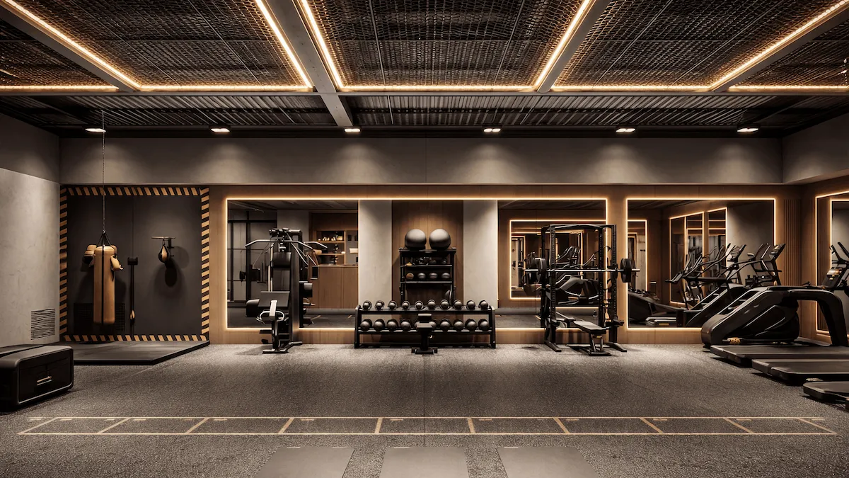 Modern gym interior visualization with strength area, treadmills, and integrated LED lighting