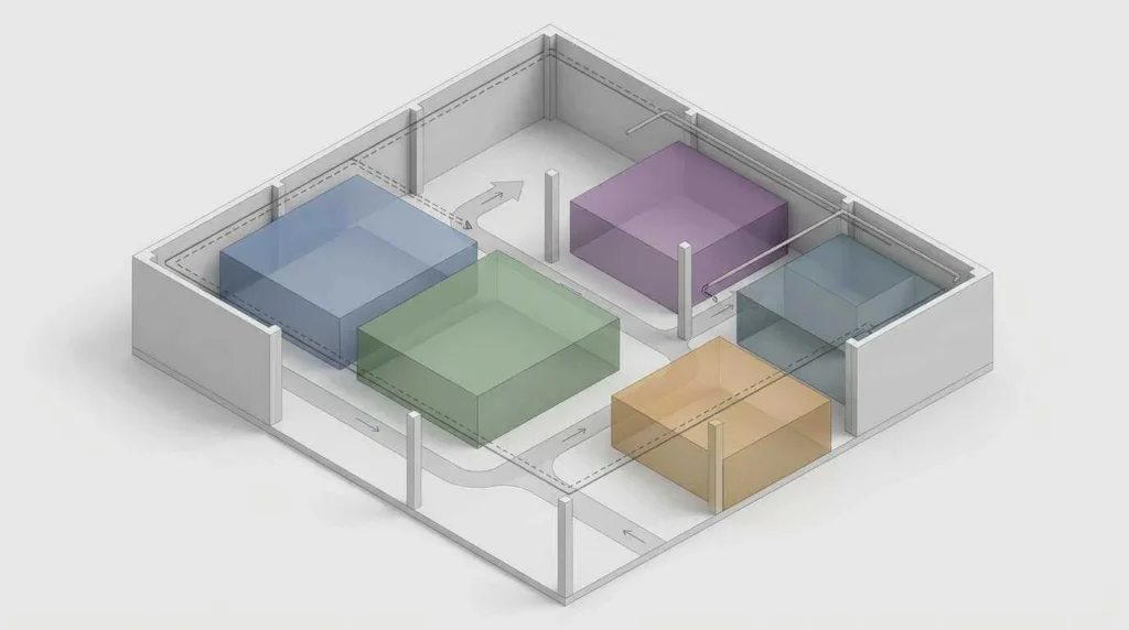 Gym zoning and circulation diagram showing workout areas and movement paths