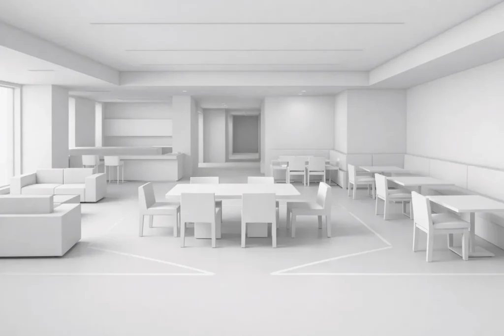 White-box interior render for space planning with simplified furniture