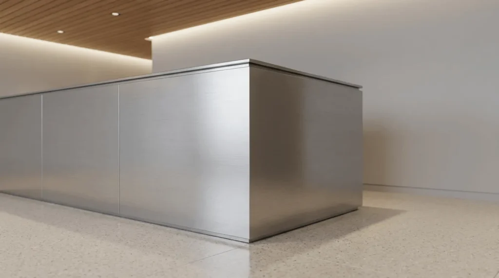 Minimalist office reception desk detail with brushed metal panels and soft ambient lighting