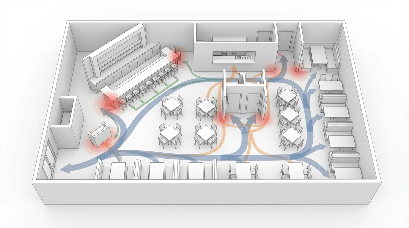 Restaurant floor plan diagram showing customer and staff circulation flow paths