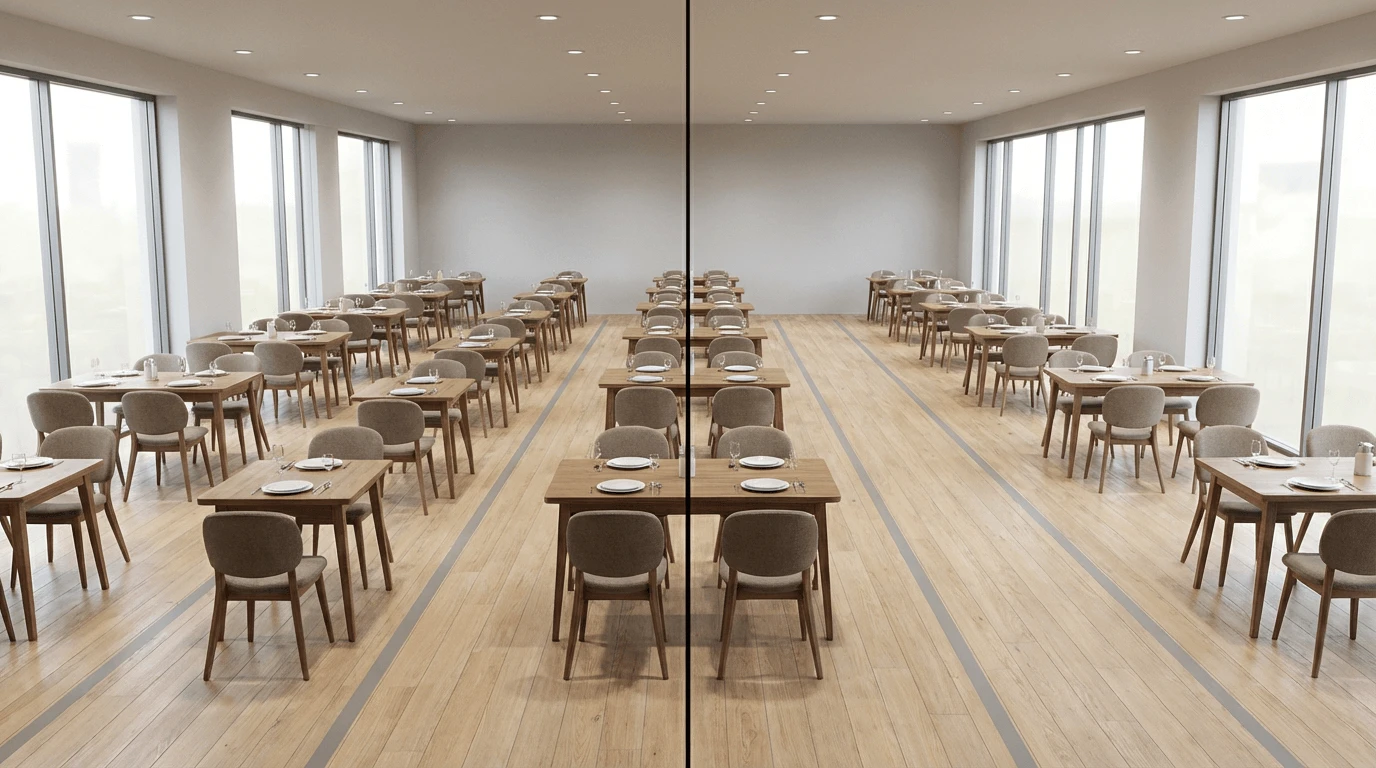 Restaurant seating density comparison showing spacious vs crowded table layout