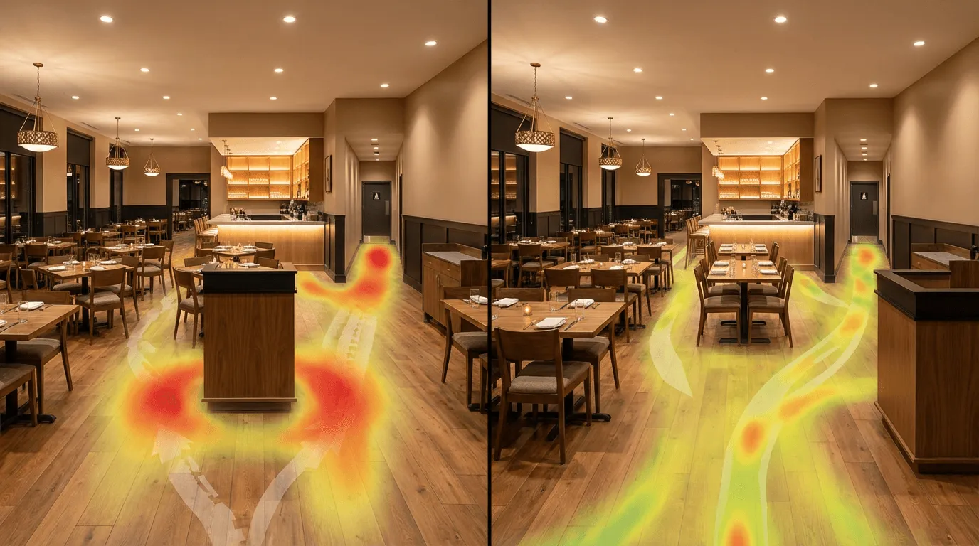 Restaurant service flow heatmap comparison showing staff movement through dining area