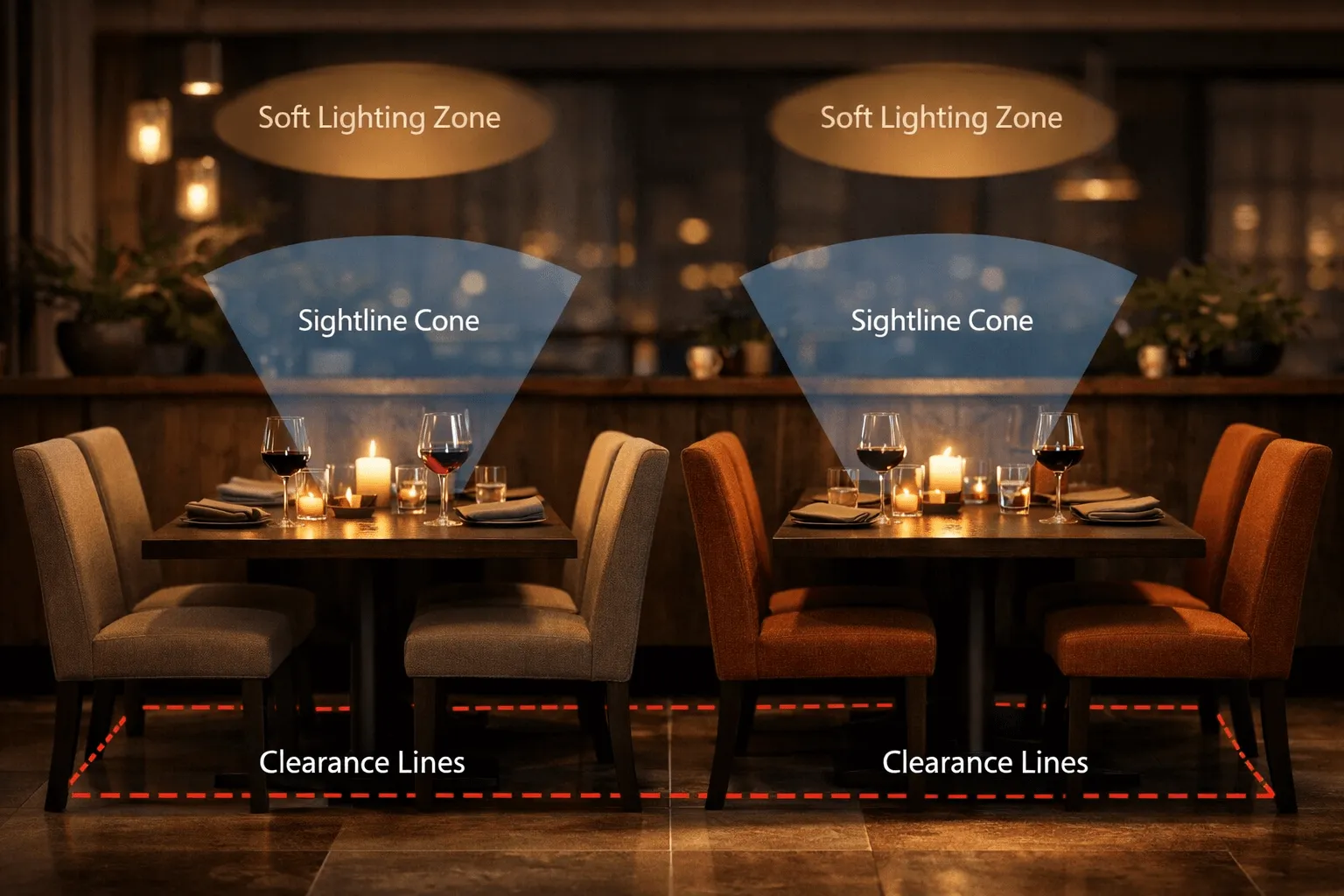 Restaurant seating sightlines and lighting zones diagram with clearance lines