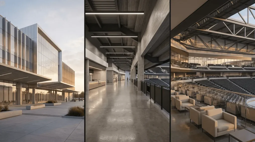 Sports venue architecture renders showing exterior entrance, concourse corridor, and premium seating lounge overlooking the stadium bowl