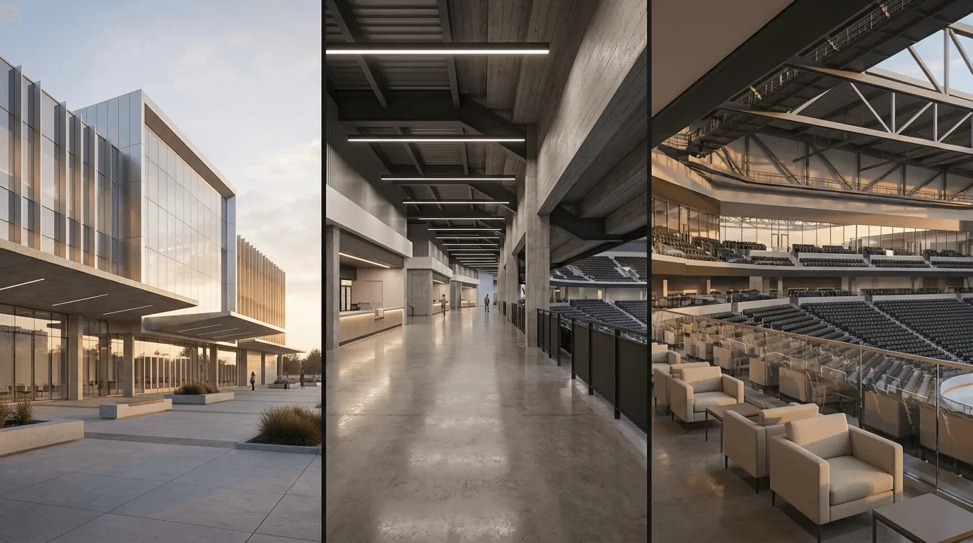 Sports venue architecture renders showing exterior entrance, concourse corridor, and premium seating lounge overlooking the stadium bowl