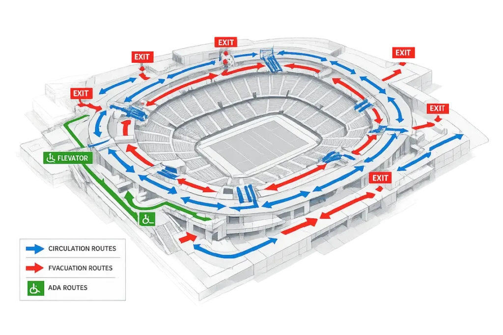 Stadium circulation and evacuation diagram with labeled exits, route arrows, and accessible ADA paths around the seating bowl