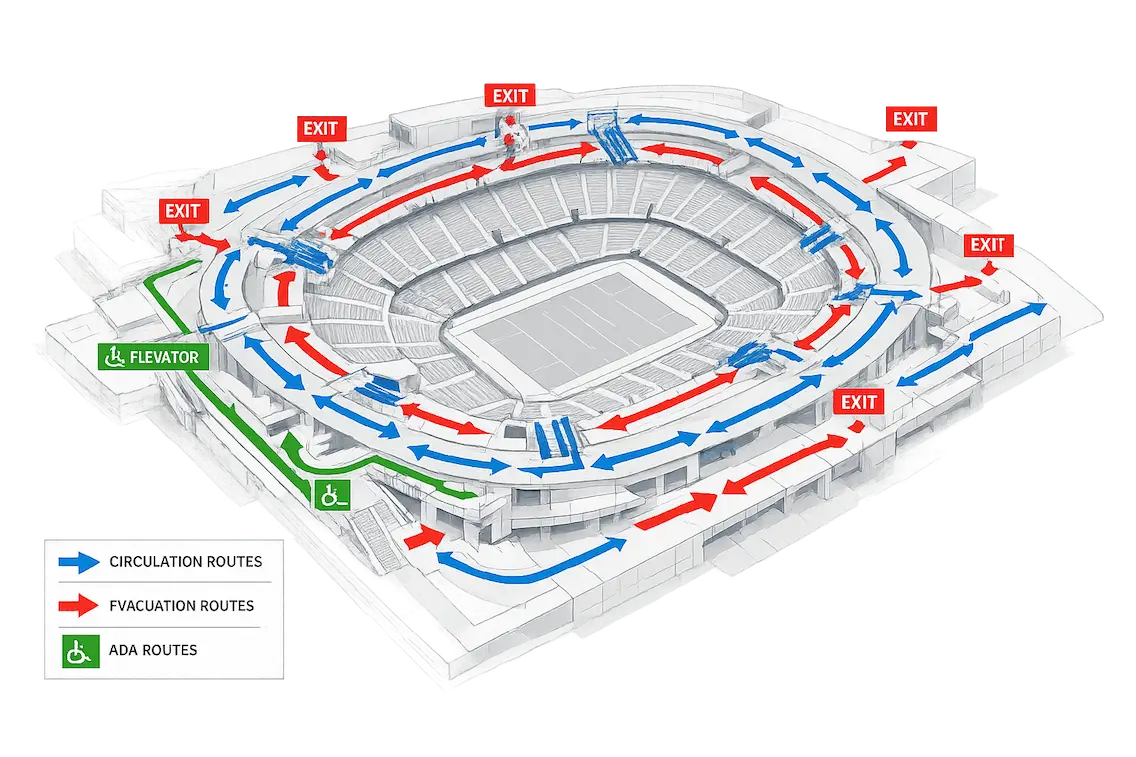 Stadium circulation and evacuation diagram with labeled exits, route arrows, and accessible ADA paths around the seating bowl